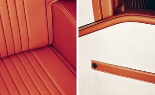 Finishing on the A319 seats for a private client includes Hermès’ gold bull calf leather on the seating (left) and a flush tablet pocket (right), in natural Toile H and gold bull calf