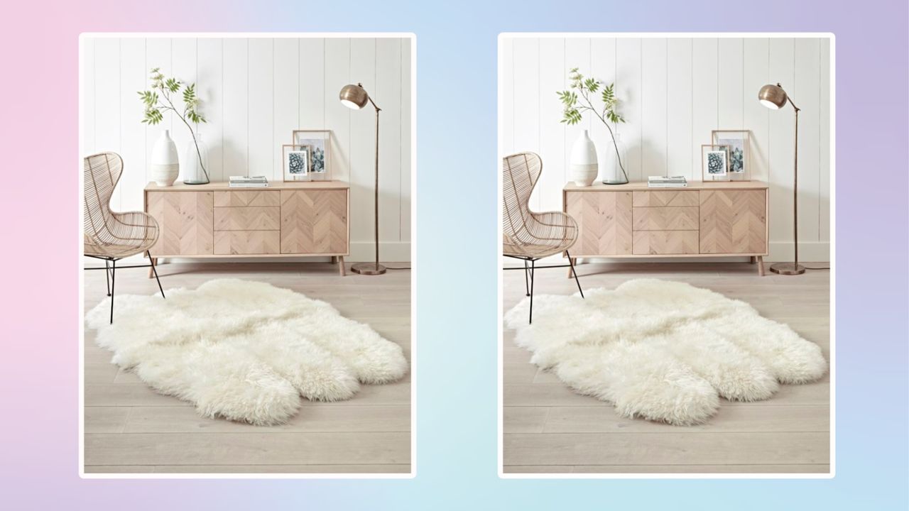 fluffy sheepskin rug in living room with neutral scheme