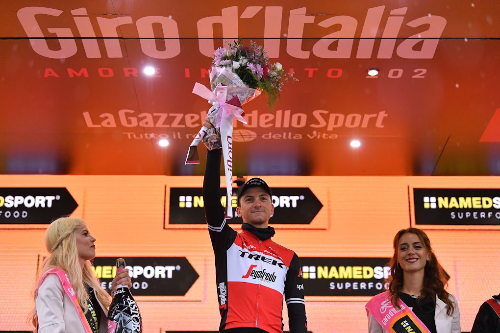 Giulio Ciccone (Trek-Segafredo) on the podium after winning stage 16 at the Giro d'Italia