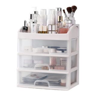 A clear makeup storage caddy