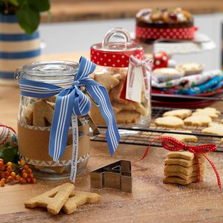 baked cookies with jar and name tag ribbon