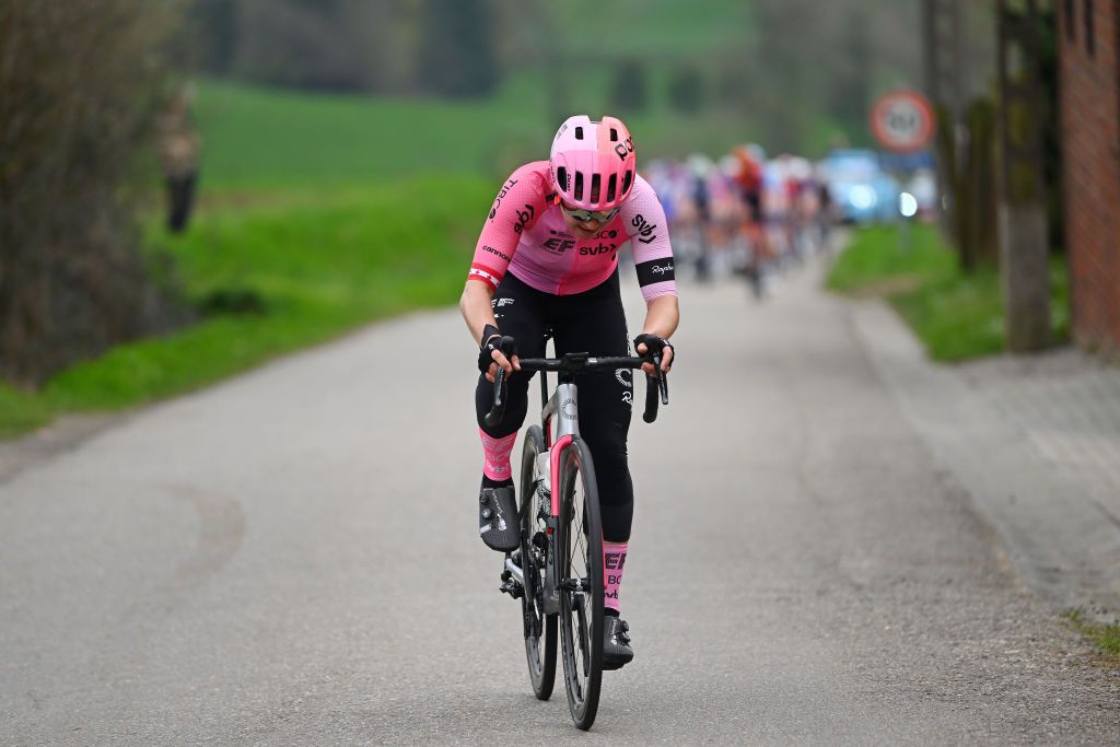 WAREGEM BELGIUM MARCH 29 Alison Jackson of Canada and Team EF Education Tibco Svb competes during the 11th Dwars door Vlaanderen 2023 Womens Elite a 1149km ine day race from Waregem to Waregem DDV23 on March 29 2023 in Waregem Belgium Photo by Luc ClaessenGetty Images
