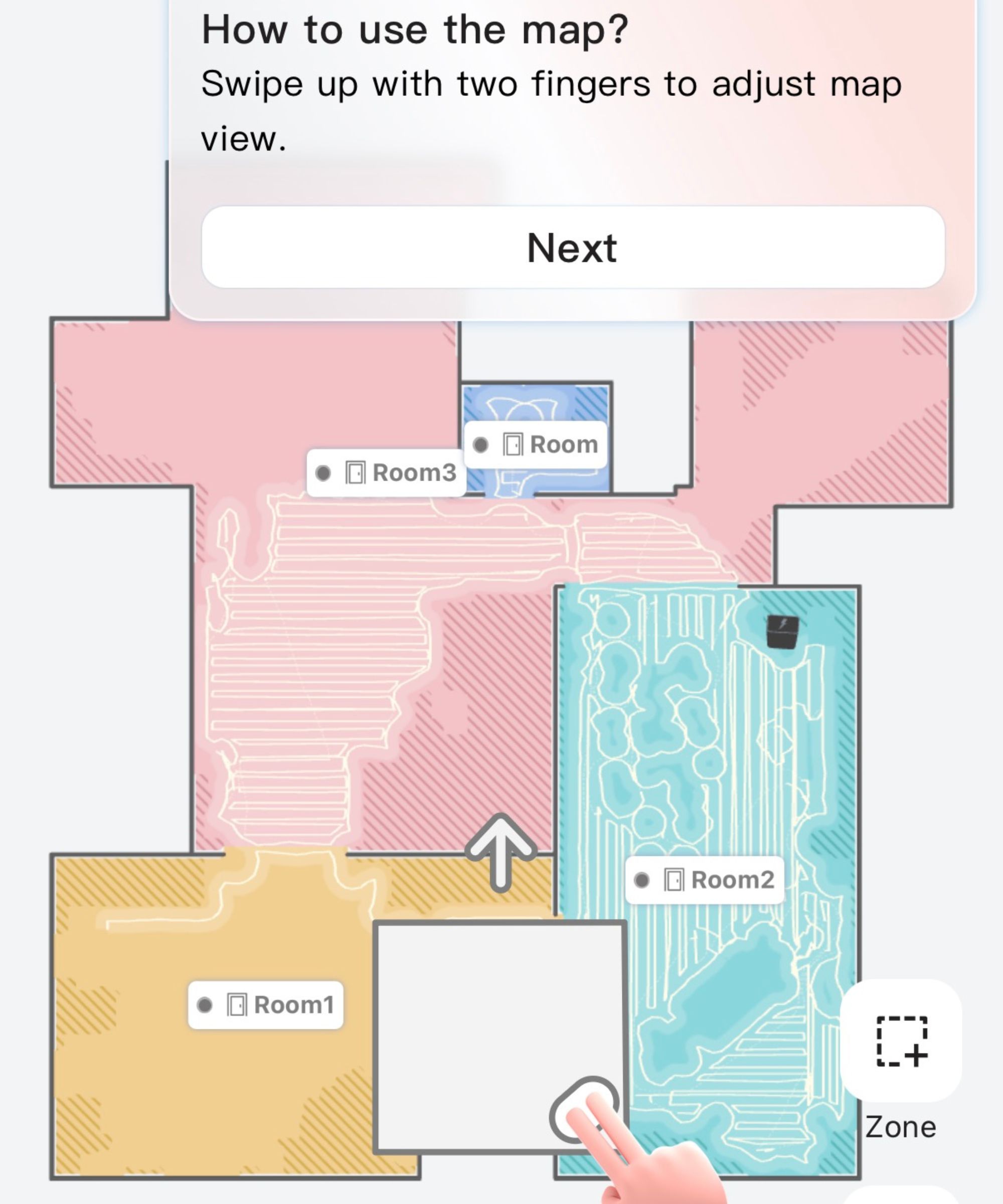 Yeedi S14 Plus app explaining how to use the map, displaying a multi-colored layout of a home.