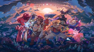Key art for Sea of Stars' final update, the game's cast stands side by side in front of a gorgeous vista