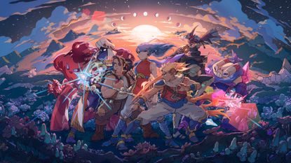 Key art for Sea of Stars' final update, the game's cast stands side by side in front of a gorgeous vista