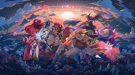 Key art for Sea of Stars' final update, the game's cast stands side by side in front of a gorgeous vista