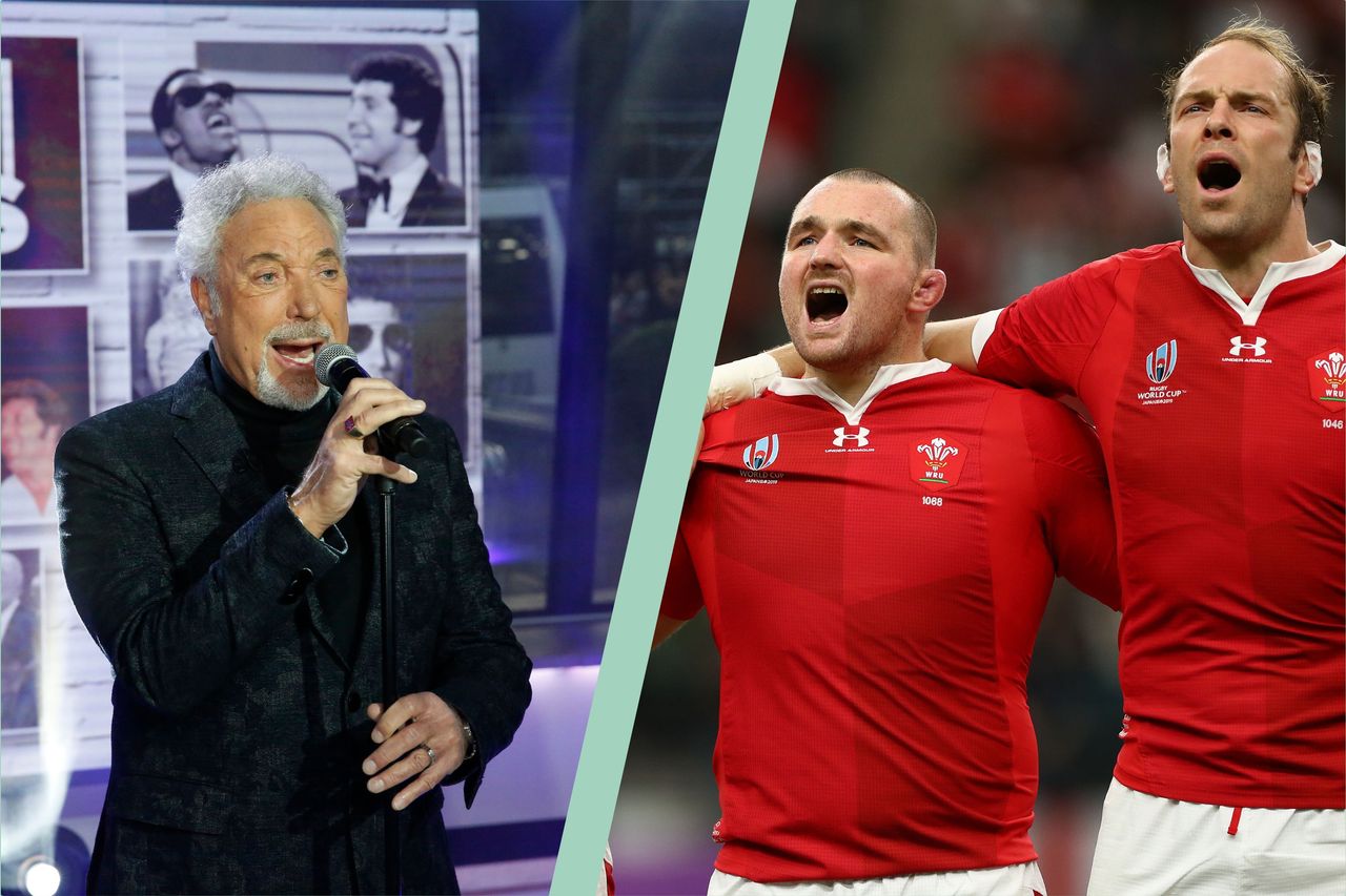 Tom Jones split layout with welsh rugby players singing