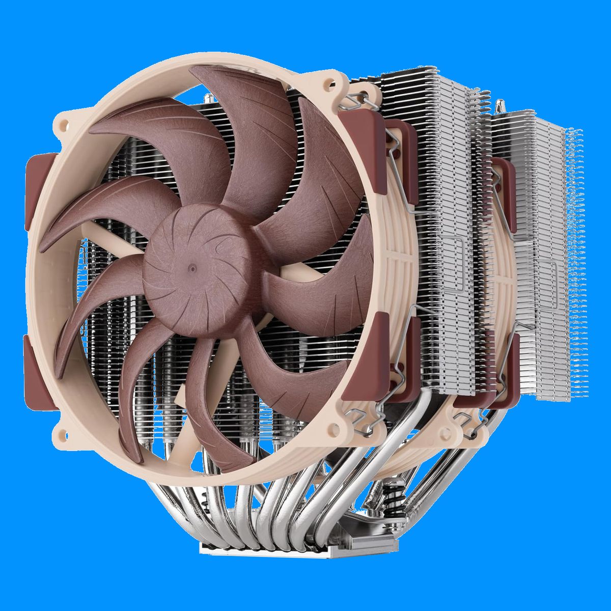Noctua air cooler on a blue background.