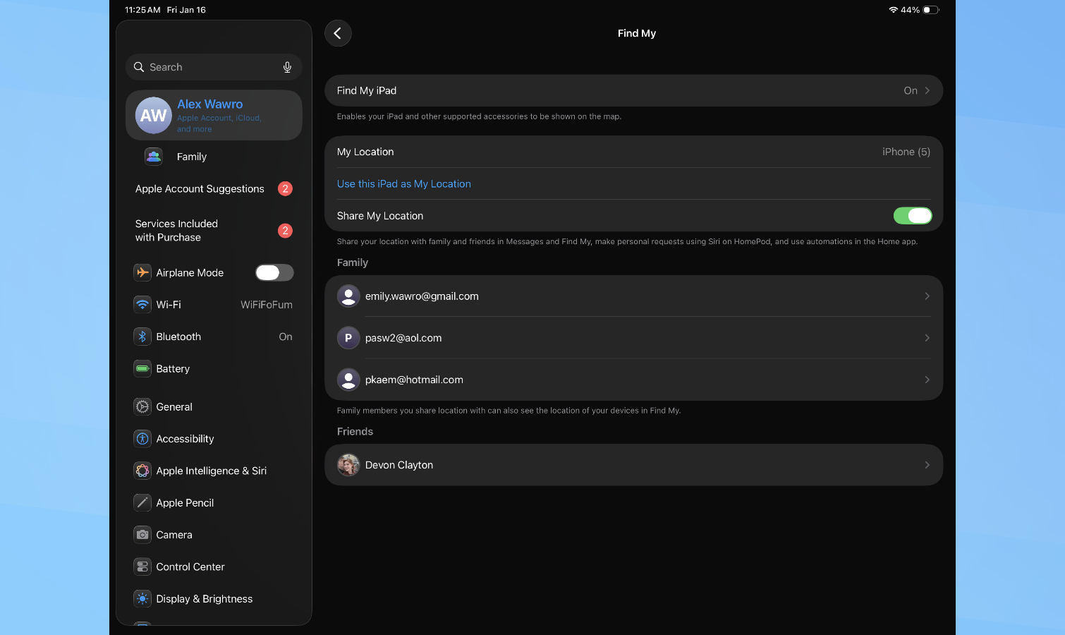 Apple iPad Find My menu