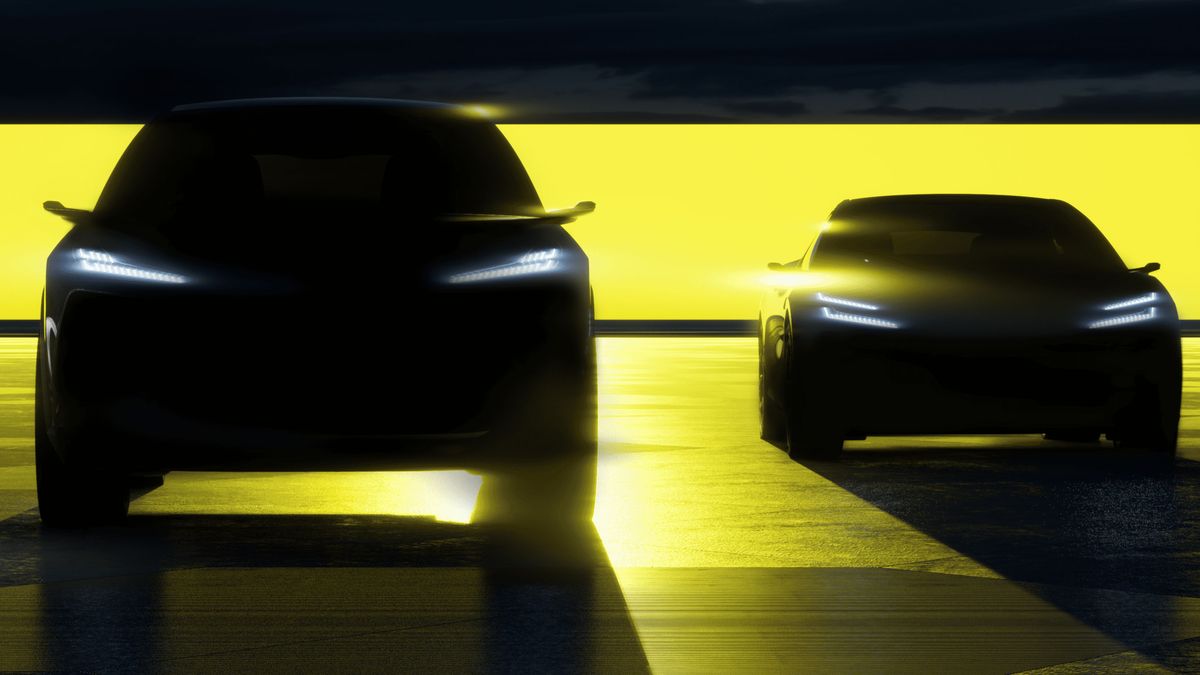 Silhouette of two electric cars on yellow and black background