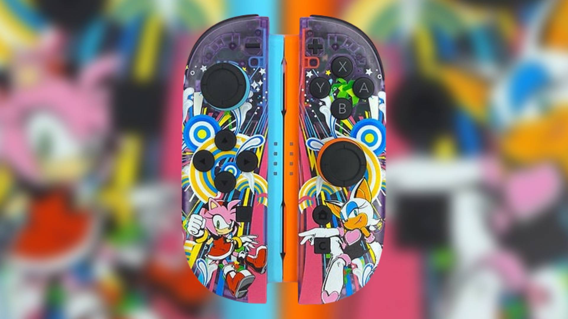 Image of a pair of Amy Rose and Rouge the Bat Switch 2 Joy-Cons by CptnAlexDesigns, with the image of them blurred in the background.