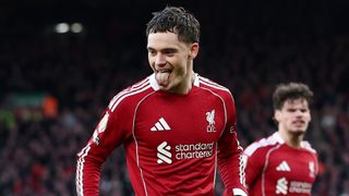 Florian Wirtz of Liverpool celebrates scoring his team's first goal during the Premier League match between Liverpool and Burnley at Anfield on January 17, 2026 in Liverpool, England. 