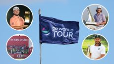 Main image of DP World Tour flag with four inset photos of Tyrrell Hatton holding 2019 Turkish Airlines Open trophy (top left), Tommy Fleetwood holding the 2024 Dubai Invitational trophy (top right), Paul Waring teeing off in front of the HSBC sign at the 2024 Abu Dhabi Championship (bottom left), and Dean Burmester holding the 2023 Joburg Open trophy (bottom right)