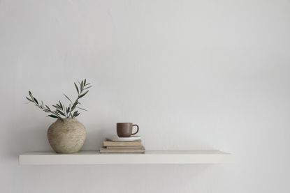 floating shelf with gray plant pot and a stock of books topped with coffee cup