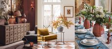 Three examples of fall decor ideas. Cozy living room, cozy corner with fall foliage, colorful fall tablescape.