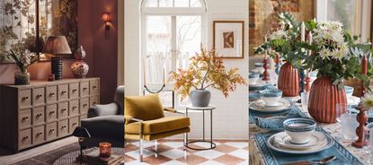 Three examples of fall decor ideas. Cozy living room, cozy corner with fall foliage, colorful fall tablescape.