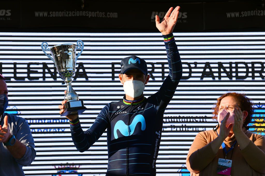 ANDRATX SPAIN JANUARY 29 Alejandro Valverde Belmonte of Spain and Movistar Team celebrates winning the race on the podium ceremony after the 31st Challenge Ciclista Mallorca 2022 Trofeo Pollena Port d Andratx a 170 km race from Pollena to Andratx 214m ChallengeMallorca on January 29 2022 in Andratx Spain Photo by Dario BelingheriGetty Images