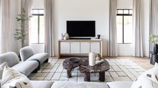 A neutral living room with neutral furniture and a large Berber rug 