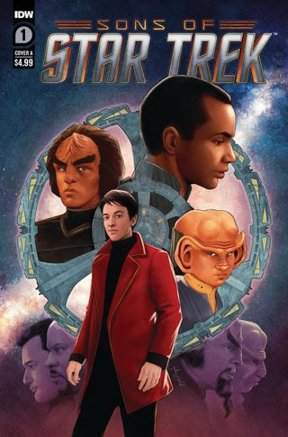 cover of a comic book, showing illustrations of two humans and two humanoid aliens.