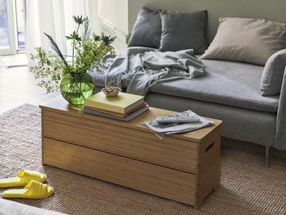 A living room with a wooden storage bench as a coffee table