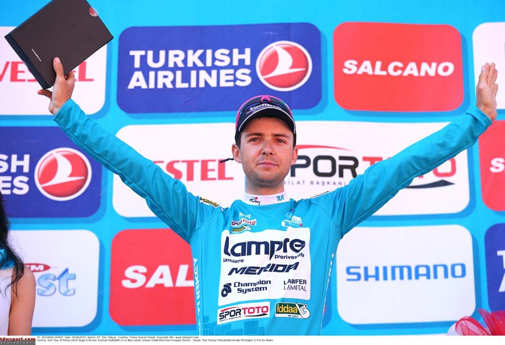 Kristijan Durasek (Lampre-Merida) in the leader's celeste jersey