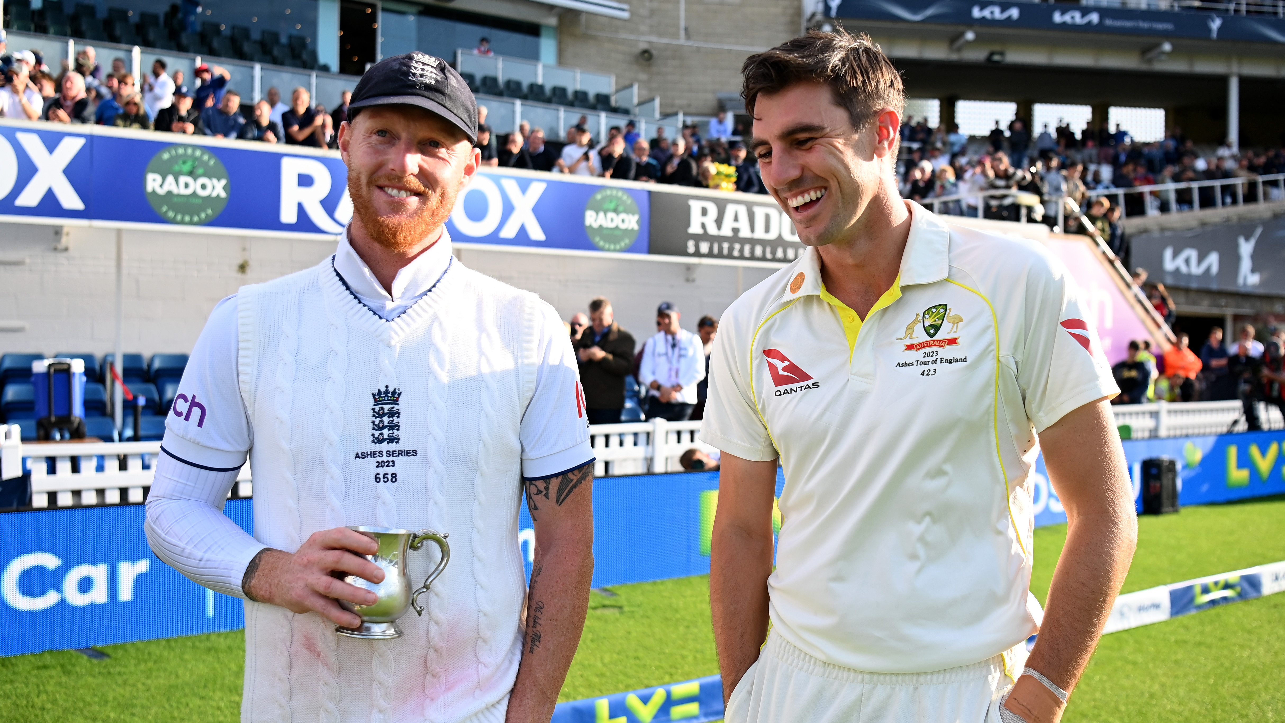 England captain Ben Stokes speaks with Australia captain Pat Cummins following Day Five of the LV= Insurance Ashes 5th Test Match between England and Australia at The Kia Oval on July 31, 2023 in London, England.