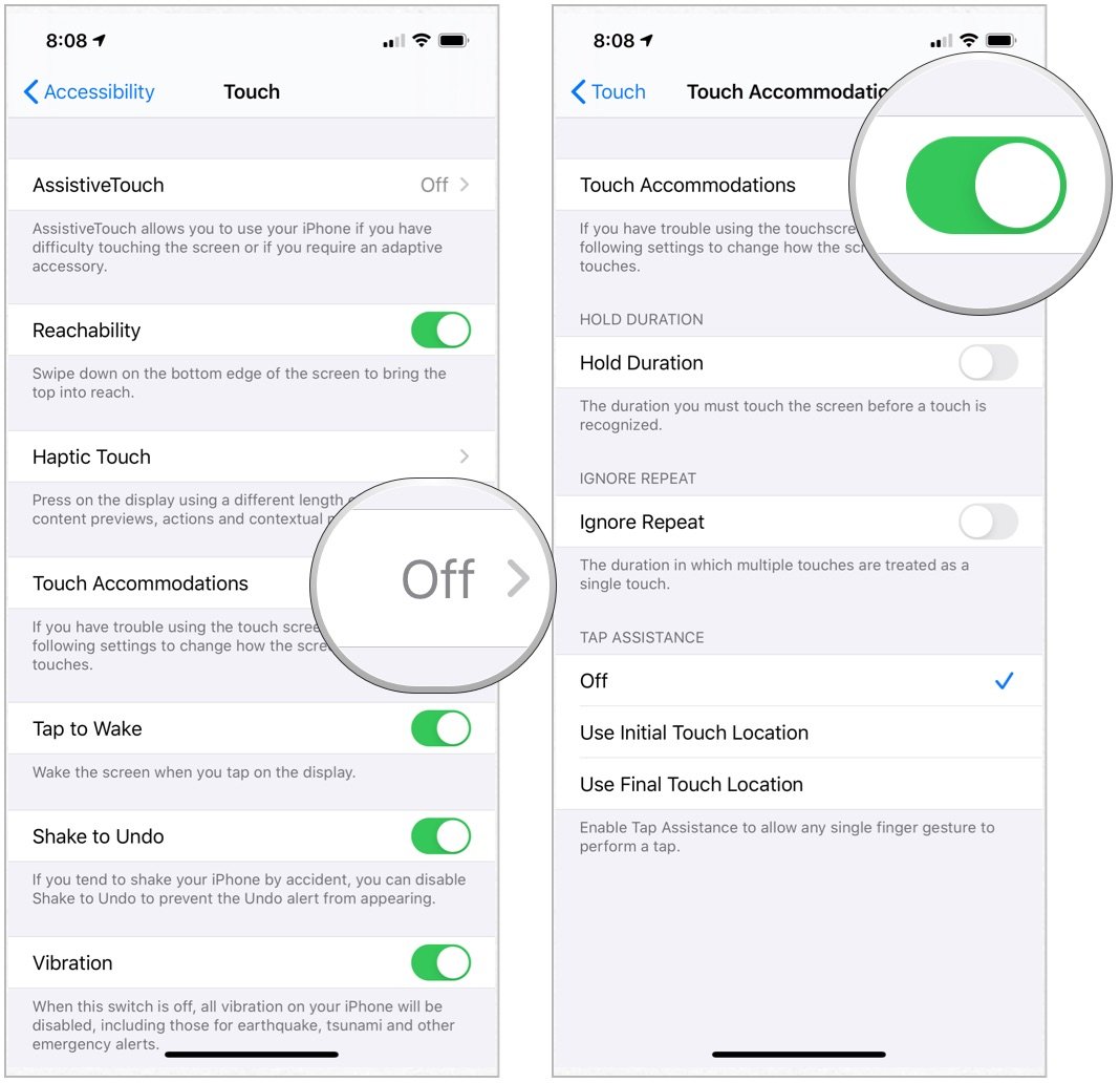 To enable Touch Accommodations, tap Touch Accommodations, toggle on Touch Accommodations