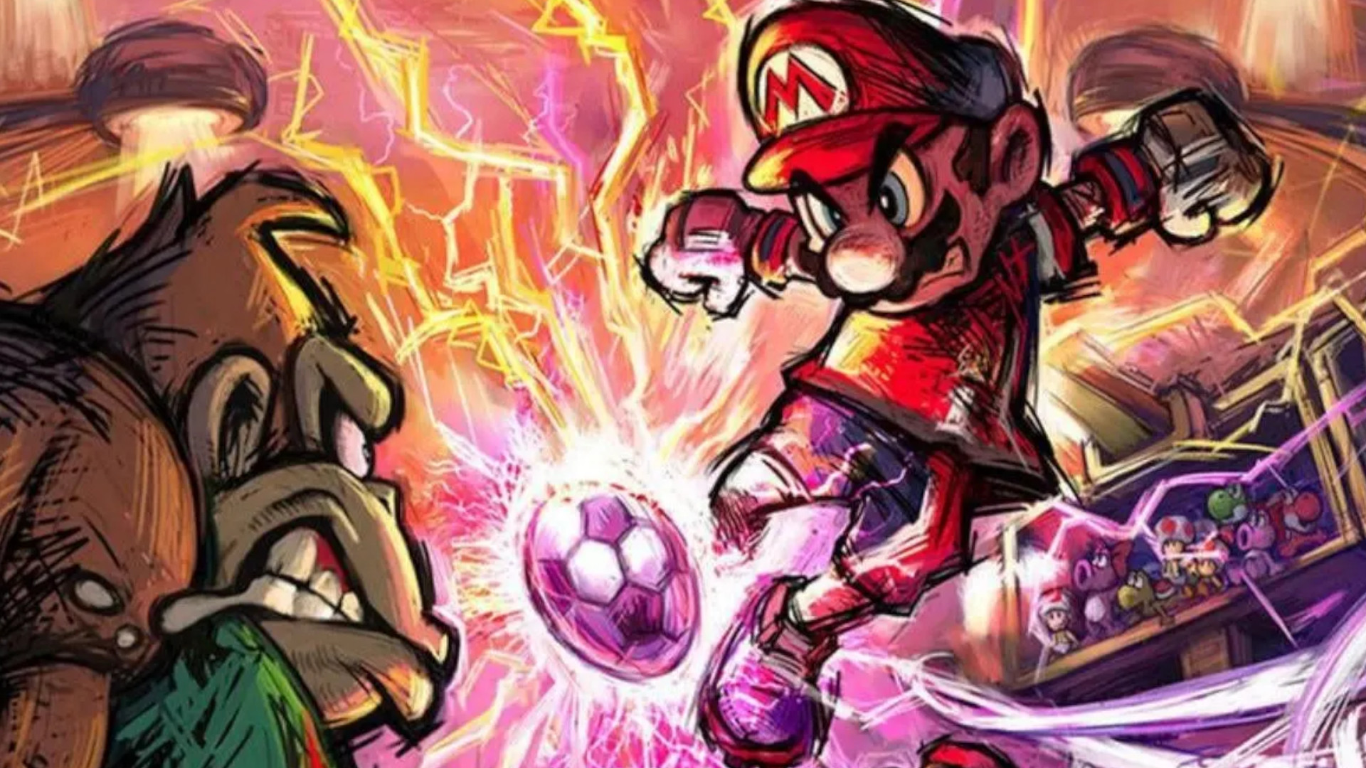 Super Mario Strikers artwork showing Mario kicking a ball as he faces off against Donkey Kong
