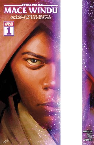 a man in a brown robe holds a purple laser sword upright in front of his face