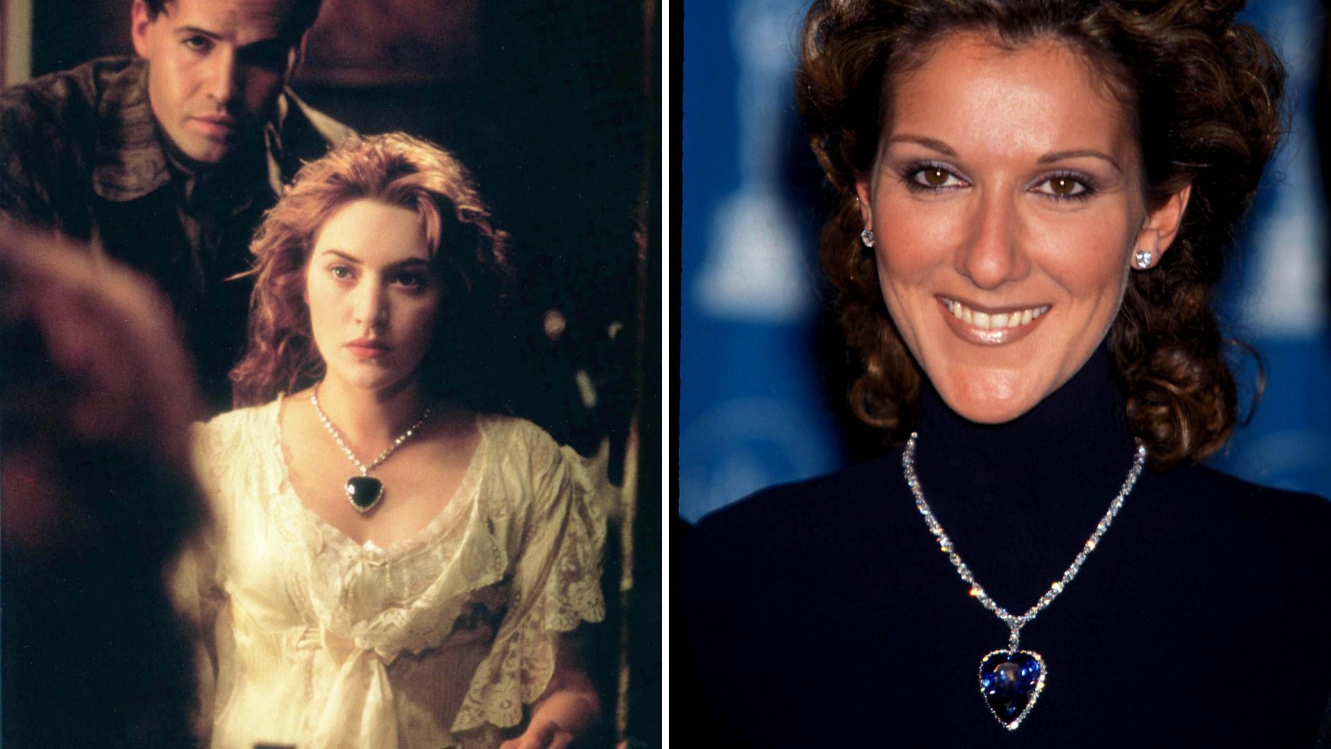 L-Kate Winslet in Titanic, R- Celine Dion wearing a replica of the Heart of the Ocean diamond