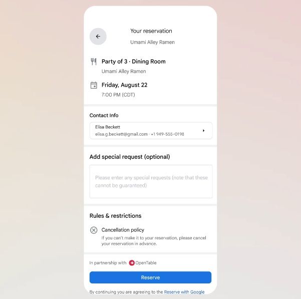Google's AI Mode brings a test that lets users ask the AI for available dinner reservations and signup for them via Search.