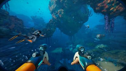A screenshot of a player swimming while another player is out in front during the new game Subnautica 2. 