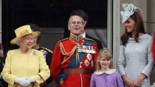 (L-R) Queen Elizabeth II, Prince Philip, Duke of Edinburgh, Lady Louise Windsor and Catherine, Duchess of Cambridge arrive on the balcony of Buckingham Palace after the Trooping the Colour ceremony and the Horse Guards Parade on June 16, 2012 in London, England