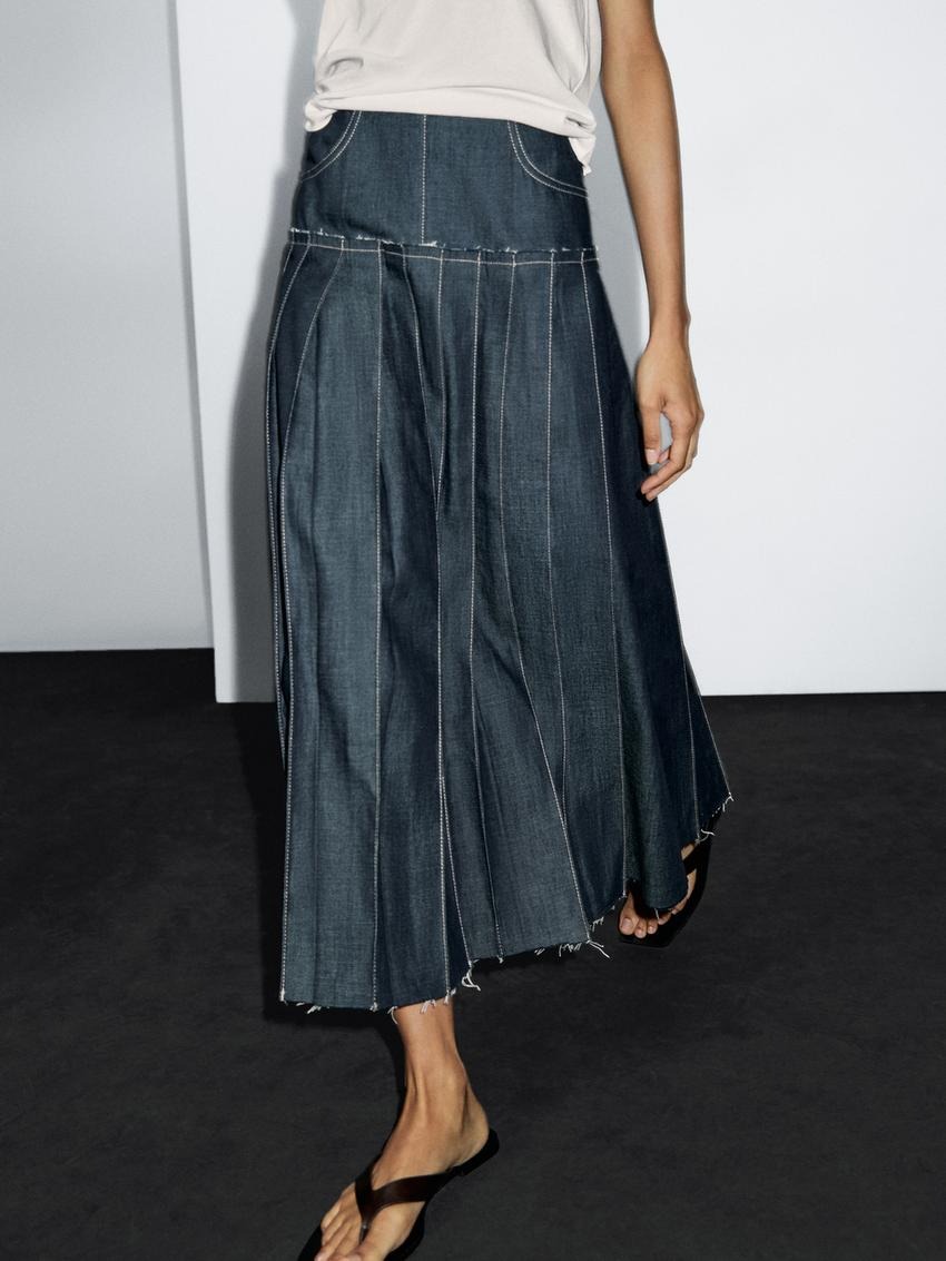 Massimo Dutti, Denim Midi Skirt With Box Pleats
