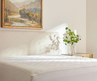 Cozy Earth Bamboo Mattress Pad on a bed against a white wall.