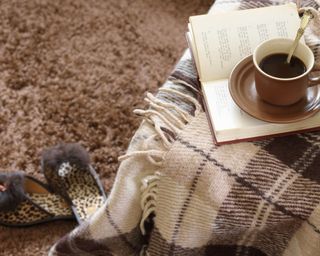 Woolen plaid, coffee cup, book and slippers on shag rug. Top view