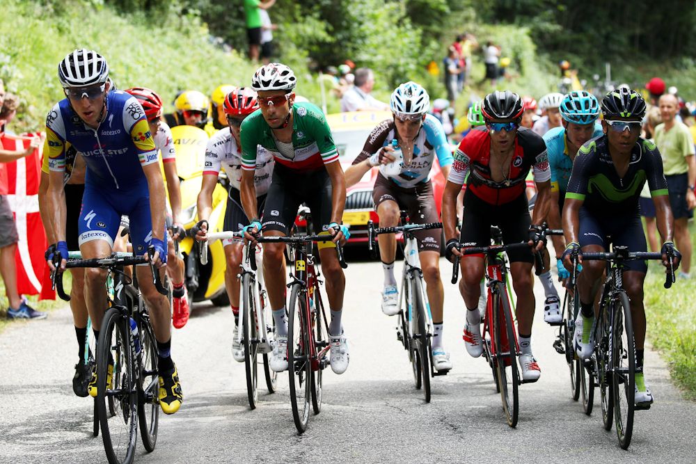 The select lead group on the final climb of stage 9 at the Tour de France.