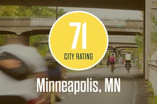 Un logotipo de City Ratings de Minneapolis superpuesto a una imagen de ciclistas circulando en un entorno urbano exterior.