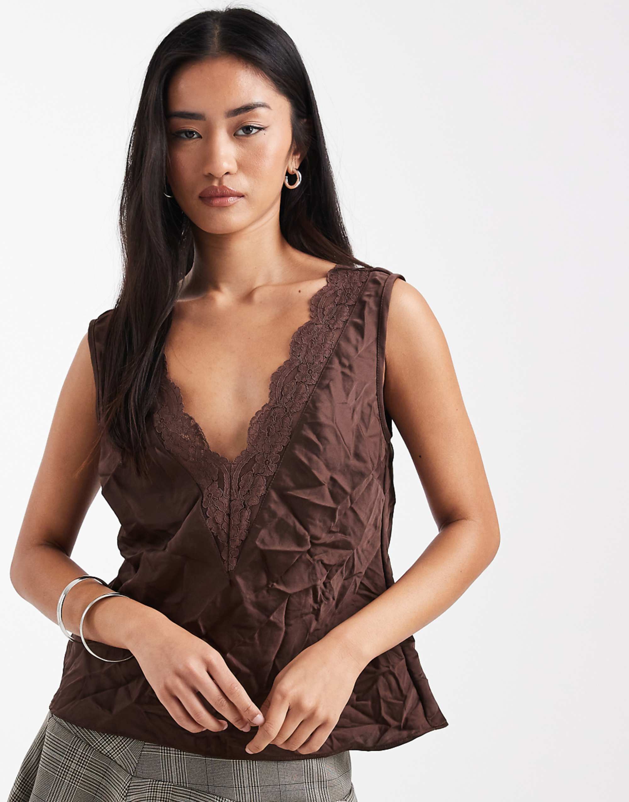 Asos Design Crushed Lace Insert V Neck Satin Cami