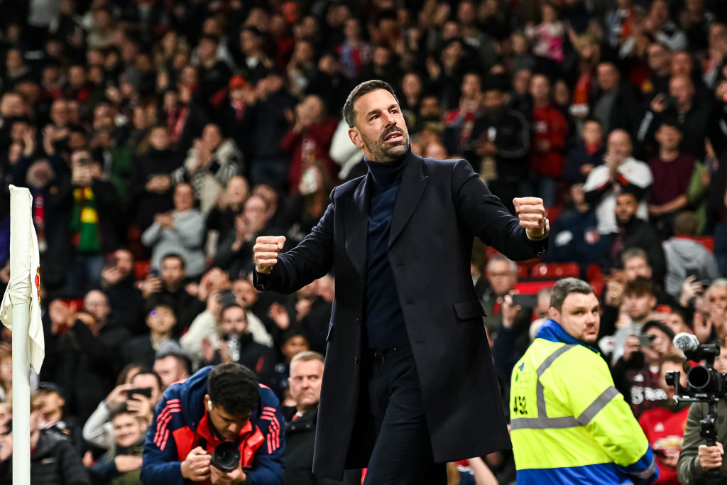 MANCHESTER, ENGLAND - OCTOBER 30: Manchester United Head Coach Ruud van Nistelrooy celebrates a team goal during the Carabao Cup Fourth Round match between Manchester United and Leicester City at Old Trafford on October 30, 2024 in Manchester, England. (Photo by Will Palmer/Eurasia Sport Images/Getty Images)