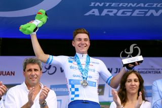 Deceuninck-QuickStep’s Remco Evenepoel receives the leader’s jersey after retaining it on stage 4 of the 2020 Vuelta a San Juan