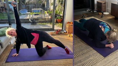 Kat Storr doing 10 minutes of Pilates on yoga mat at home