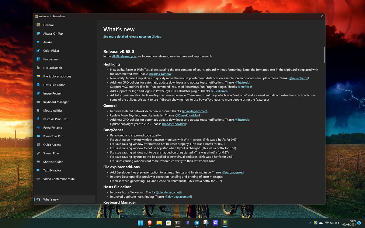 PowerToys welcome screen showing latest changelog
