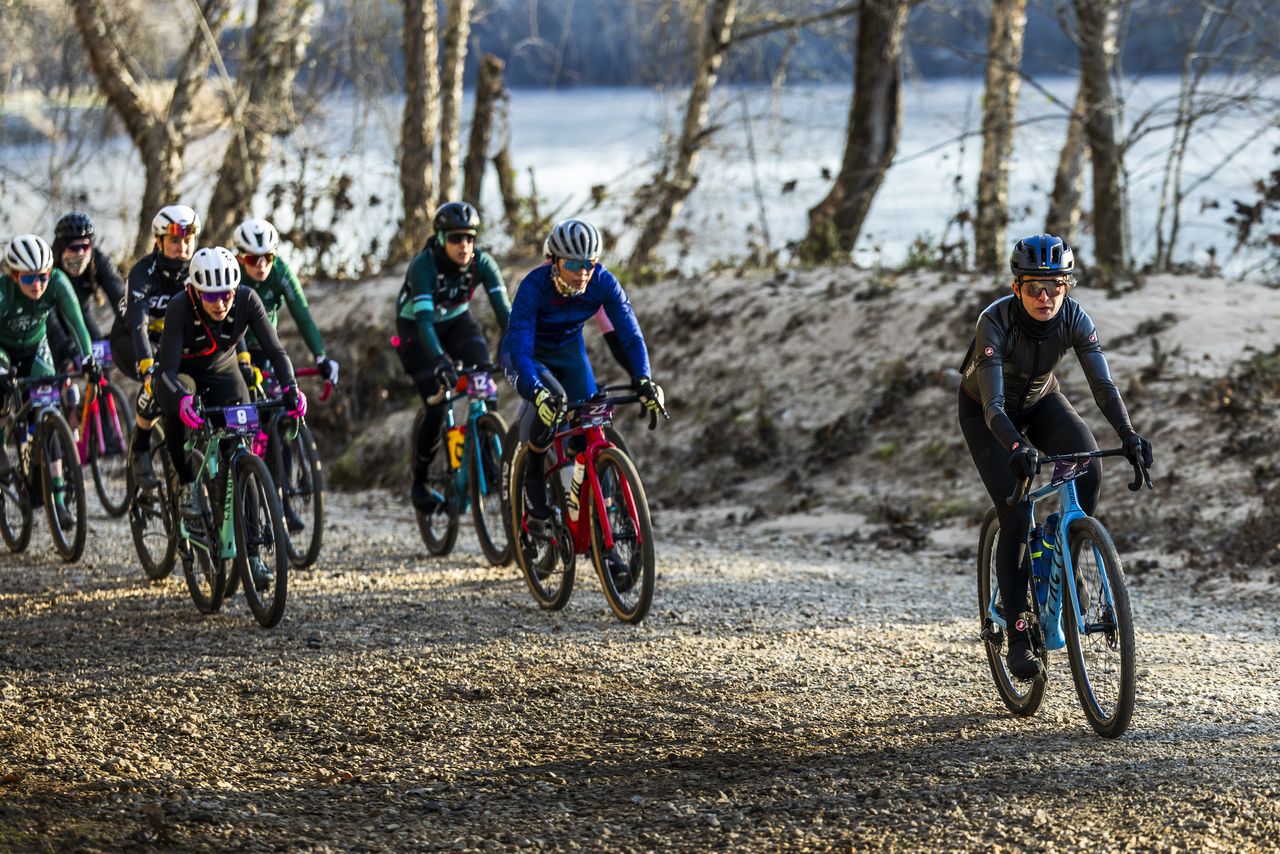 Elite women on course along Chattahoochee River at 2025 Homegrown Gravel Race