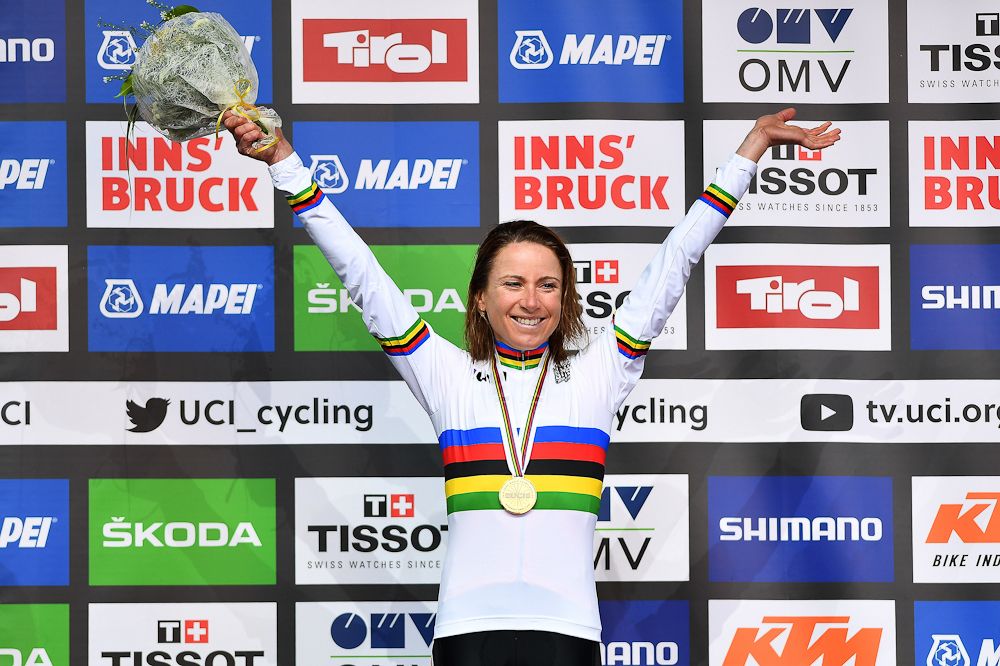 Annemiek Van Vleuten celebrates her second consecutive time trial world title