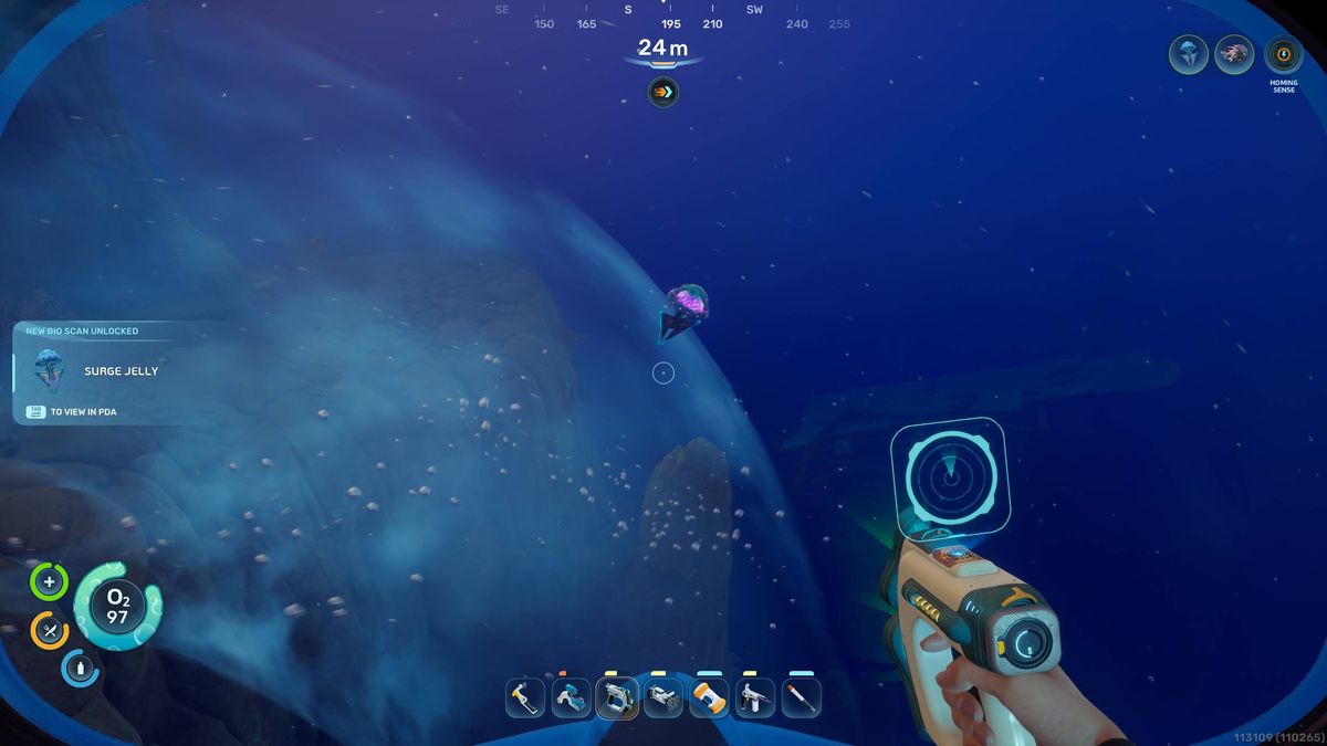 Subnautica 2 Biomods: A player looking at a Surge Jellyfish near a large natural current, with a shipwreck in the distance.