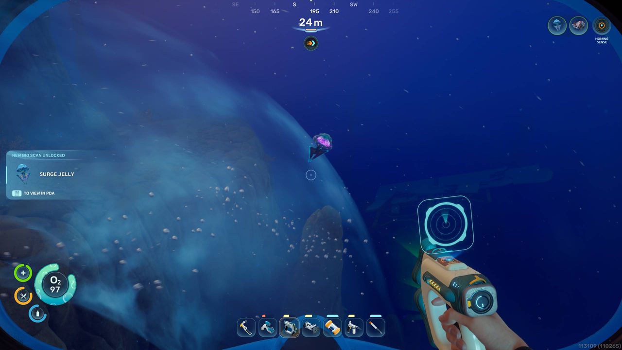 Subnautica 2 Biomods: A player looking at a Surge Jellyfish near a large natural current, with a shipwreck in the distance.