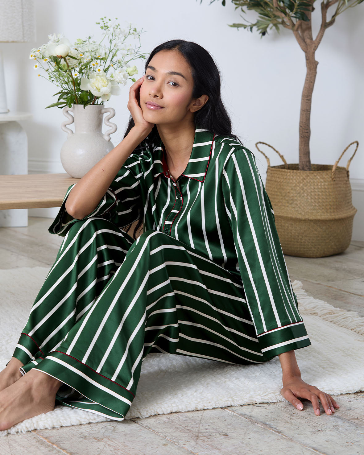 Satin Stripe Long Pyjama Set - Green