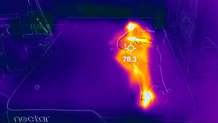 A picture of the Nectar Premier Memory Foam Mattress taken using a thermal imaging camera. This screenshot is from 9 minutes into the testing period, when our readings showed the temperature at its highest. In the image, our tester Frances Daniels lies on the right side of the mattress and she shows on the thermal imaging camera as a bright white / yellow shape. The rest of the mattress is cooler in comparison and shows up purple. A crosshair is placed in the center of the body, displaying a temperature reading of 78.3°F.