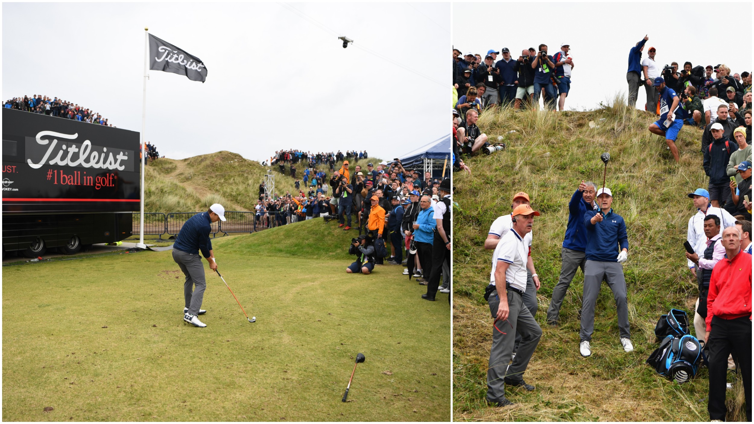 Jordan Spieth plays a miraculous escapes shot from the driving range at Royal Birkdale during the 2017 Open Championship